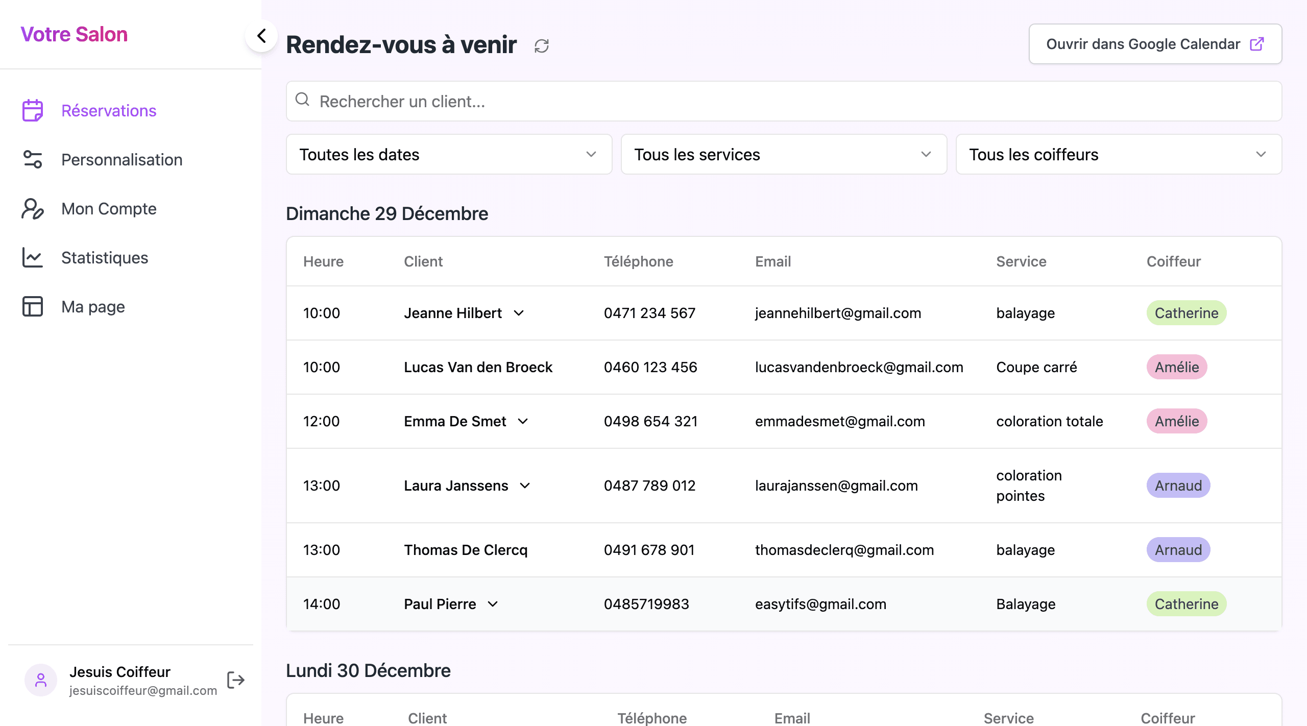 Dashboard SalonTime